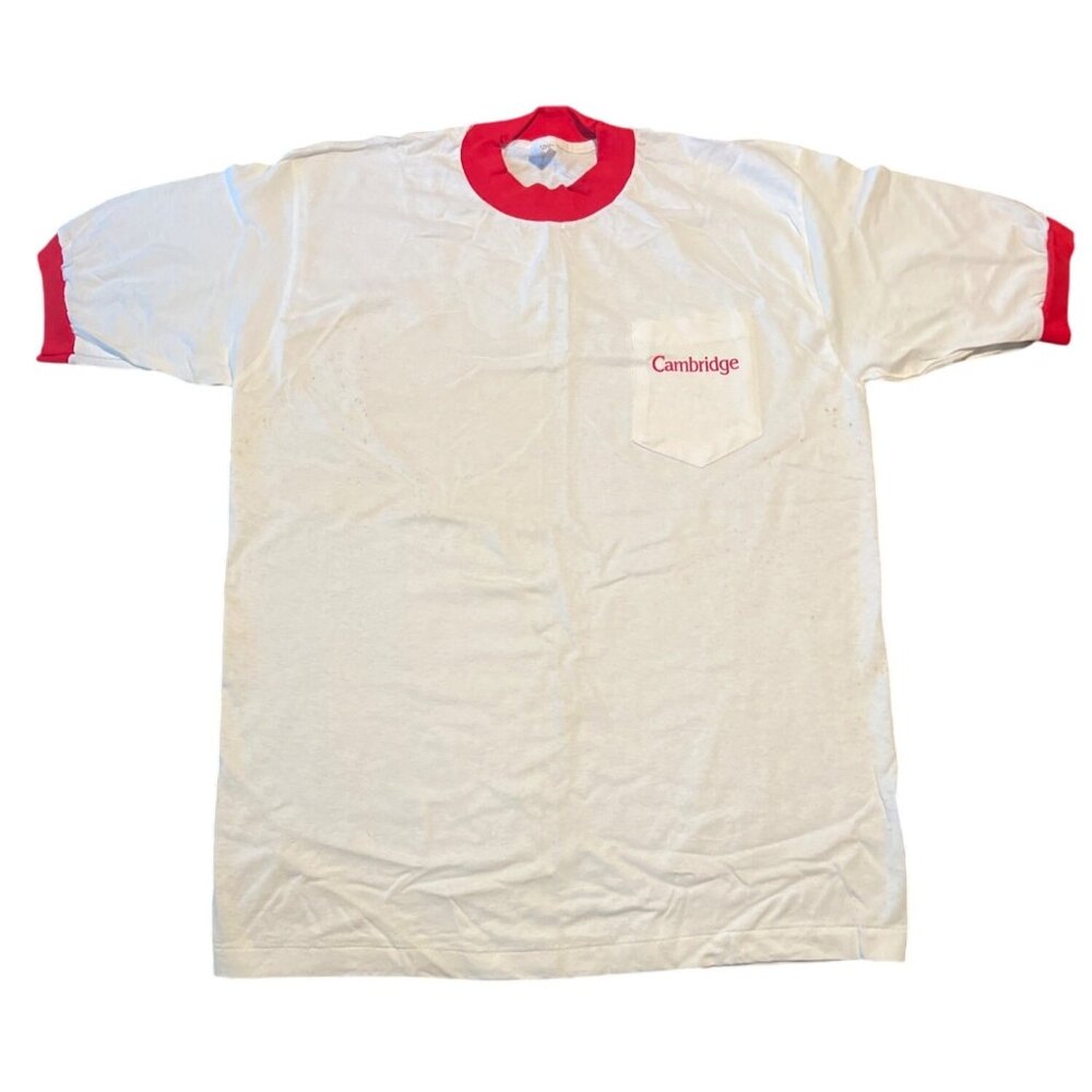 Vintage 90s Cambridge White & Red Ringer‎ T-Shirt XL Made In USA Single Stitch